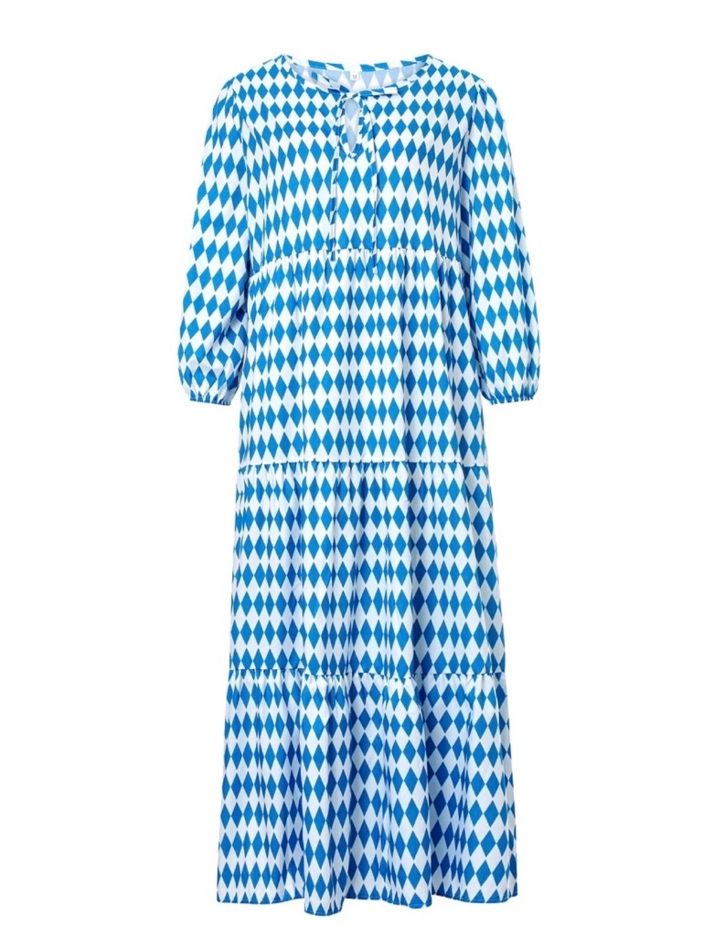 Boho Maxi Loose Fit Long Geometric Half Sleeve Blue & White Tiered Dress Size M